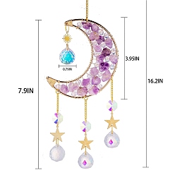 Amethyst Glass & Amethyst Nuggets Moon Pendant Decorations, Hanging Suncatchers, with Brass Findings, for Home Decoration, 411mm