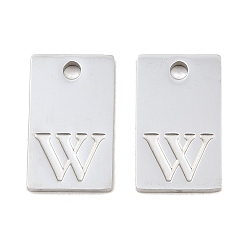 Letter W 304 Stainless Steel Pendants, Rectangle with Letter Charms, Stainless Steel Color, Letter W, 16x10x1.4mm, Hole: 1.8mm