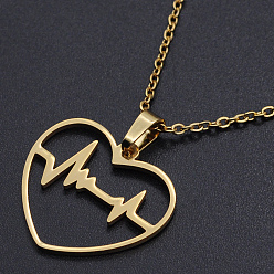 Golden 201 Stainless Steel Pendants Necklaces, with Cable Chains and Lobster Claw Clasps, Heart with Heartbeat, Golden, 17.71 inch(45cm), 1.5mm