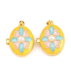 Желтый Подвески латуни медальон, с эмалью и абс пластика имитация жемчуга, без кадмия и без свинца, реальный 18 k позолоченный, стойки покрытие, долговечный, овал с цветочными подвесками, желтые, 26.5x21x12 мм, отверстие : 3x5 мм