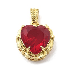 Красный Латунь стекло амулеты, сердце прелести, стойки покрытие, долговечный, без свинца и без кадмия, граненые, реальный 18 k позолоченный, красные, 14.5x13.5x6.5 мм, отверстие : 2x3.5 мм