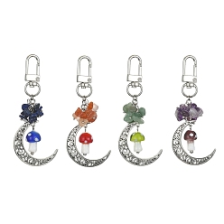 Mixed Stone Tibetan Style Alloy Moon Pendant Decoration, with Mushroom Lampwork and Gemstone Chips Alloy Swivel Clasps Charms, 88mm, 4pcs/set