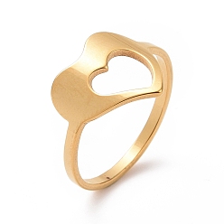 Golden Ion Plating(IP) 201 Stainless Steel Heart Finger Ring, Hollow Wide Ring for Women, Golden, US Size 6 1/2(16.9mm)