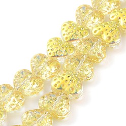 Yellow Electroplate Transparent Glass Beads Strands, Heart, Yellow, 13x15mm, Hole: 1.2mm, about 50pcs/strand, 25.59''(65cm)