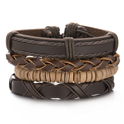 BR22Y0043 Stylish Leather and Beaded Bracelet Set for Men - Fashionable Woven Combination Design