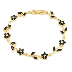 Noir Bracelets en laiton pavé de zirconiums cubiques à maillons en forme de fleur pour femmes, crémaillère plaquage, plaqué longue durée, sans cadmium et sans plomb, réel 18 k plaqué or, noir, 7.44 pouce (18.9 cm)