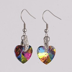 Colorful Heart 304 Stainless Steel Glass Dangle Earrings, with Brass Rhinestone Findings, Colorful, 40mm, Pin: 0.8mm