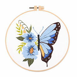 Cornflower Blue Insect Butterfly DIY Embroidery Kits, Including Printed Fabric, Embroidery Thread & Needles, Embroidery Hoop, Cornflower Blue, 200mm