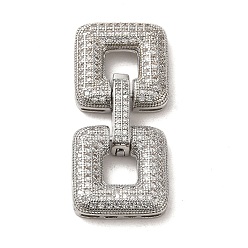 Real Platinum Plated Brass Micro Pave Clear Cubic Zirconia Fold Over Clasps, Square, Real Platinum Plated, 38x17mm, Hole: 6x6.5mm