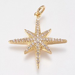 Real 18K Gold Plated Brass Micro Pave Cubic Zirconia Pendants, Star, Real 18K Gold Plated, 25x23x3mm, Hole: 3mm