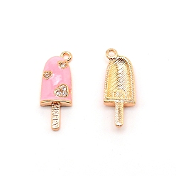Pink Alloy Enamel Pendants, with Crystal Rhinestones, Ice Cream, Golden, Pink, 25x9x3.5mm, Hole: 1.6mm