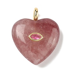 Клубничный Кварц Натуральные кварцевые подвески из клубники, подвески в форме сердца с латунной микрофиброй и фианитами, реальный 18 k позолоченный, долговечный, стойки покрытие, 31x25x10 мм, отверстие : 4 мм