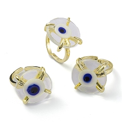 White Lampwork Evil Eye Open Cuff Ring, Light Gold Brass Lucky Jewelry for Women, Lead Free & Cadmium Free, White, US Size 6 1/4(16.7mm)