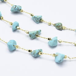 Synthetic Turquoise Handmade Synthetic Turquoise Beaded Chains, Soldered, with Spool, Brass Chains and Brass Beads, Long-Lasting Plated, Real 18K Gold Plated, 4~14x4~11x2~7mm, Brass Beads: about 2x2x2mm, about 32.8 Feet(10m)/roll