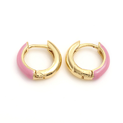 Pink Brass Enamel Huggie Hoop Earrings, Ring, Golden, Pink, 14x3.5mm, Pin: 1mm