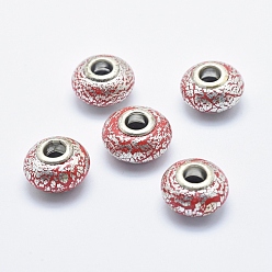 Red Handmade Polymer Clay European Beads, with Silver Color Plated Brass Cores, Large Hole Beads, Rondelle, Red, 13~16x8~11mm, Hole: 4.5~5mm