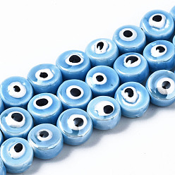 Dodger Blue Handmade Porcelain Ceramic Beads Strands, Bright Glazed Porcelain, Flat Round with Evil Eye, Dodger Blue, 8x5mm, Hole: 1.5mm, about 40pcs/strand, 12.01 inch(30.5cm)