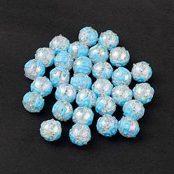Light Sky Blue Rainbow Iridescent Crackle Acrylic Enamel Beads, with Rhinestone, Bumpy, Round with Word, Light Sky Blue, 17~17.5x15mm, Hole: 2.3mm