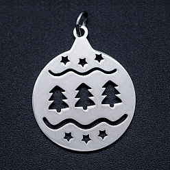 Stainless Steel Color 201 Stainless Steel Pendants, with Unsoldered Jump Rings, Flat Round with Christmas Tree, Stainless Steel Color, 25x20x1mm, Hole: 3mm, Jump Ring: 5x0.8mm