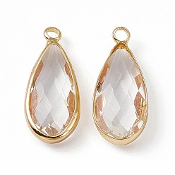 Crystal K9 Glass Pendants, Teardrop Charms, Faceted, with Light Gold Tone Brass Edge, Crystal, 24.5x10.5x5.5mm, Hole: 2.3mm