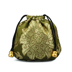 Olive Chinese Style Silk Brocade Jewelry Packing Pouches, Drawstring Gift Bags, Auspicious Cloud Pattern, Olive, 11x11cm