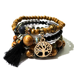 black Bohemian Style Multilayer Wood Bead Bracelet Elastic Cord Jewelry Hand Ornament.