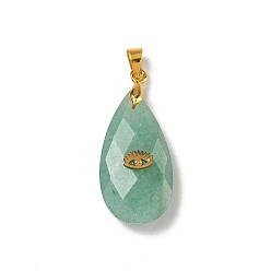 Зеленый Авантюрин Естественный зеленый авантюрин подвески, подвески в форме капли с гранями золотистого оттенка 304 срезы глаз из нержавеющей стали и латунные застежки-кнопки, 25~26x13~13.5x7.8~8.3 мм, отверстие : 4x3.5 мм