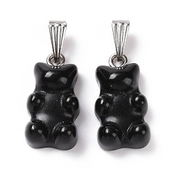 Black Onyx Natural Black Onyx Pendants, with Stainless Steel Color Tone 201 Stainless Steel Findings, Bear, Dyed & Heated, 27.5mm, Hole: 2.5x7.5mm, Bear: 21x11x6.5mm