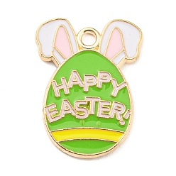 Lime Green Easter Alloy Enamel Pendants, Golden, Egg with Rabbit Ear Charm, Word Happy Easter, Lime Green, 22x17x1.5mm, Hole: 2mm