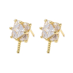 Real 18K Gold Plated Rack Plating Brass Micro Pave Cubic Zirconia Studs Earrings Fiinding, Square, Real 18K Gold Plated, 11x7mm, Pin: 0.8mm