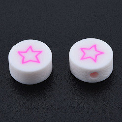 Hot Pink Handmade Polymer Clay Beads, Flat Round with Star, Hot Pink, 9~9.5x4~5mm, Hole: 1.6mm