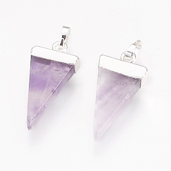 Amethyst Natural Amethyst Pendants, with Brass Findings, Triangle, Silver, 27~29x12~13x4~5mm, Hole: 4x6mm
