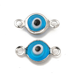 Deep Sky Blue 304 Stainless Steel Connector Charms, Flat Round Links with Evil Eye Pattern, with Glass Enamel, Stainless Steel Color, Deep Sky Blue, 13x6.5x2.5mm, Hole: 1.5mm