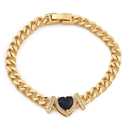 Черный Латунь микро проложить кубические циркониевые браслеты, со стеклом, реальный 18 k позолоченный, сердце, чёрные, 6-1/2 дюйм (16.5 см)