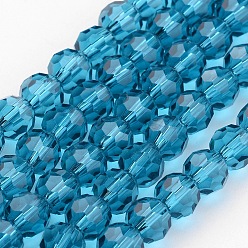 Cyan Transparent Glass Bead Strands, Imitate Austrian Crystal, Faceted(32 Facets), Round, Cyan, 4mm, Hole: 1mm, about 96~100pcs/strand, 14~14.5 inch