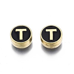 Letter T Alloy Enamel Beads, Cadmium Free & Lead Free, Light Gold, Flat Round with Alphabet, Black, Letter.T, 8x4mm, Hole: 1.5mm