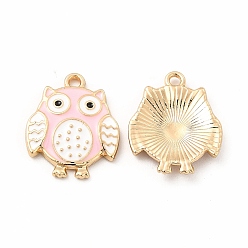 Pink Alloy Enamel Pendants, Golden, Owl Charm, Pink, 18x14.5x2mm, Hole: 1.4mm