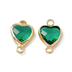 Emerald Transparent K9 Glass Connector Charms, Heart Links, with Light Gold Tone Brass Findings, Emerald, 14x8.5x3.7mm, Hole: 1.8mm