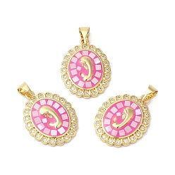 Hot Pink Oval with Virgin Face Brass Micro Pave Cubic Zirconia Pendants, with Enamel & Shell, Long-Lasting Plated, Lead Free & Cadmium Free, Real 18K Gold Plated, Hot Pink, 22x17x3mm, Hole: 5.5x4mm