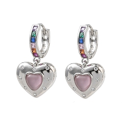 Platinum Brass Micro Pave Cubic Zirconia and Cat Eye Beads Heart Hoop Dangle Earrings, Rack Plating, Long-Lasting Plated, Cadmium Free & Lead Free, Platinum, 27.5x15.5mm