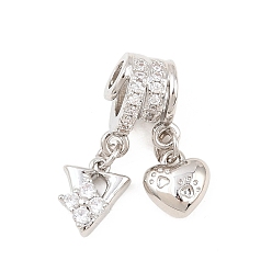 Letter V Латунные микропаве прозрачные подвески с фианитом, сердце прелести, долговечный, стойки покрытие, без кадмия и без свинца, платина, Буква V, 23.5 мм, отверстия : 3 mm и 4 мм, Сердце: 8.5x8x3.5 mm, Письмо: 10x8x3.5 мм