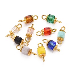 Mixed Color Faceted Cube Transparent Glass Links Connectors, with Golden Plated Alloy and Brass Findings, Mixed Color, 13x4.3x4.3mm, Hole: 1.6~2.2mm