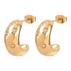 Золотой 304 Серьги-гвоздики из нержавеющей стали с прозрачным фианитом и микропаве, c-образный, золотые, 13x8 мм