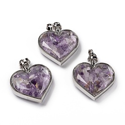 Amethyst Glass Bottle Pendants, with Natural Amethyst Chips and Platinum Plated Alloy Findings, Heart, 40x32.5x11mm, Hole: 8x5mm
