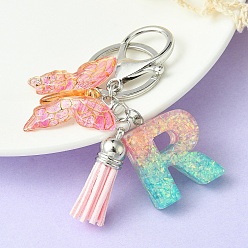 Letter R Resin & Acrylic Keychains, with Alloy Split Key Rings and Faux Suede Tassel Pendants, Letter & Butterfly, Letter R, 8.6cm