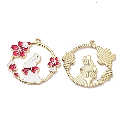 Golden Alloy Enamal Pendants, Lead Free & Cadmium Free, Ring with Rabbit & Sakura Charm, Golden, 29.5x31x1.5mm, Hole: 1.6mm