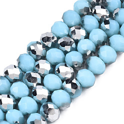 Light Sky Blue Electroplate Opaque Glass Beads Strands, Half Silver Plated, Faceted, Rondelle, Light Sky Blue, 8x6mm, Hole: 1mm, about 65~68pcs/strand, 15.7~16.1 inch(40~41cm)
