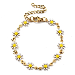 White Ion Plating(IP) Golden 304 Stainless Steel Flower Link Chain Bracelets with Enamel, White, 6-1/2 inch(16.5cm)