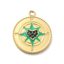 Морско-зеленый 304 подвески из нержавеющей стали с эмалированными стразами, подвески в форме компаса, ионное покрытие (ip), реальный 14 k позолоченный, цвета морской волны, 24x20x3 мм, отверстие : 2.2 мм