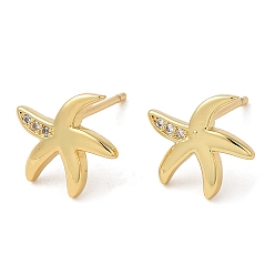 Real 18K Gold Plated Rack Plating Brass Starfish Stud Earrings, with Cubic Zirconia, Lead Free & Cadmium Free, Real 18K Gold Plated, 10x11mm
